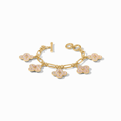 Gold chain bracelet with five pink and gold CZ-centered flower charms. Available in multiple sizes.