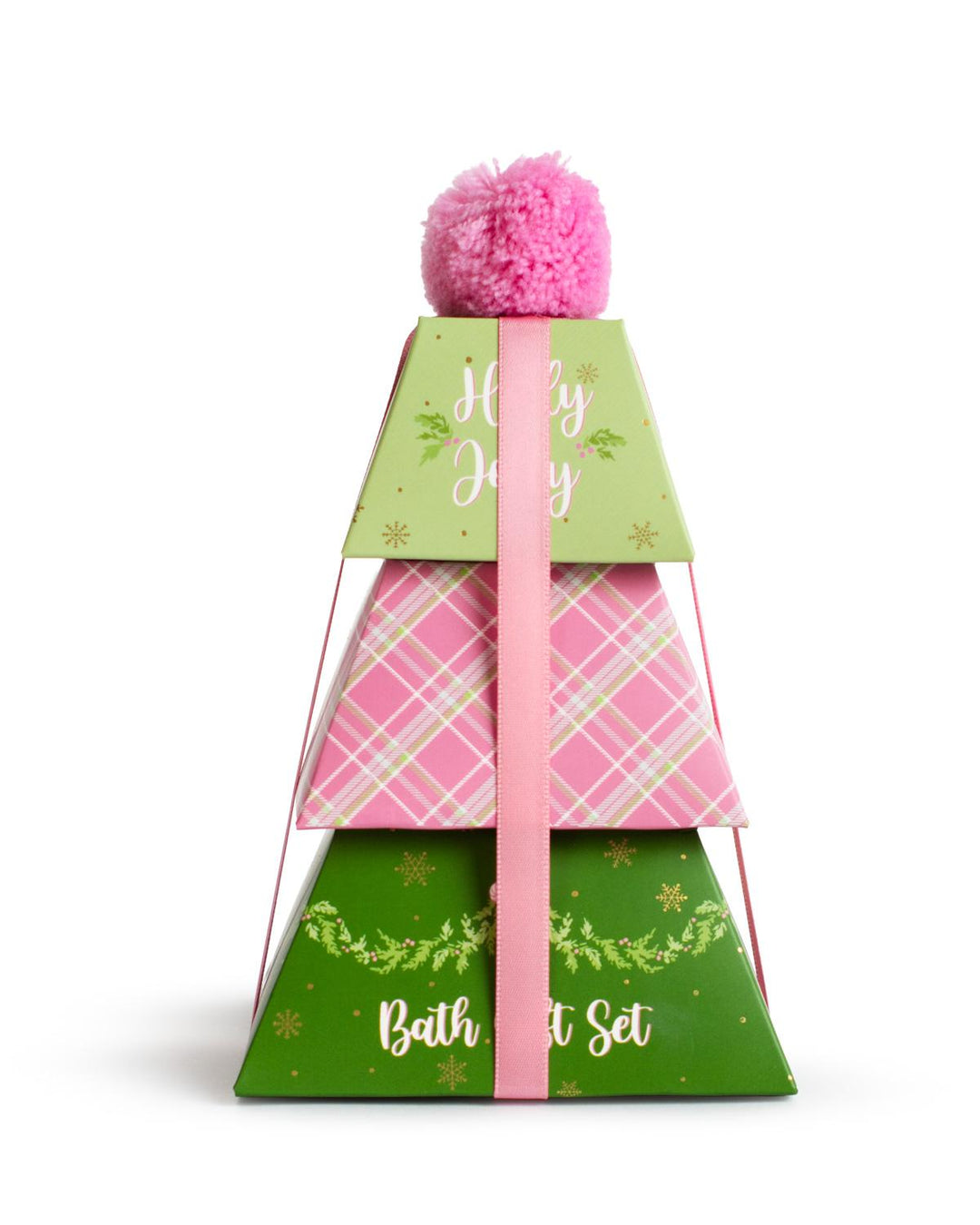 Holly Jolly Bath Gift Set | Sugar Plum: three triangular gift boxes stacked in a Christmas tree shape, tied with a pink ribbon and topped with a pink pom-pom.