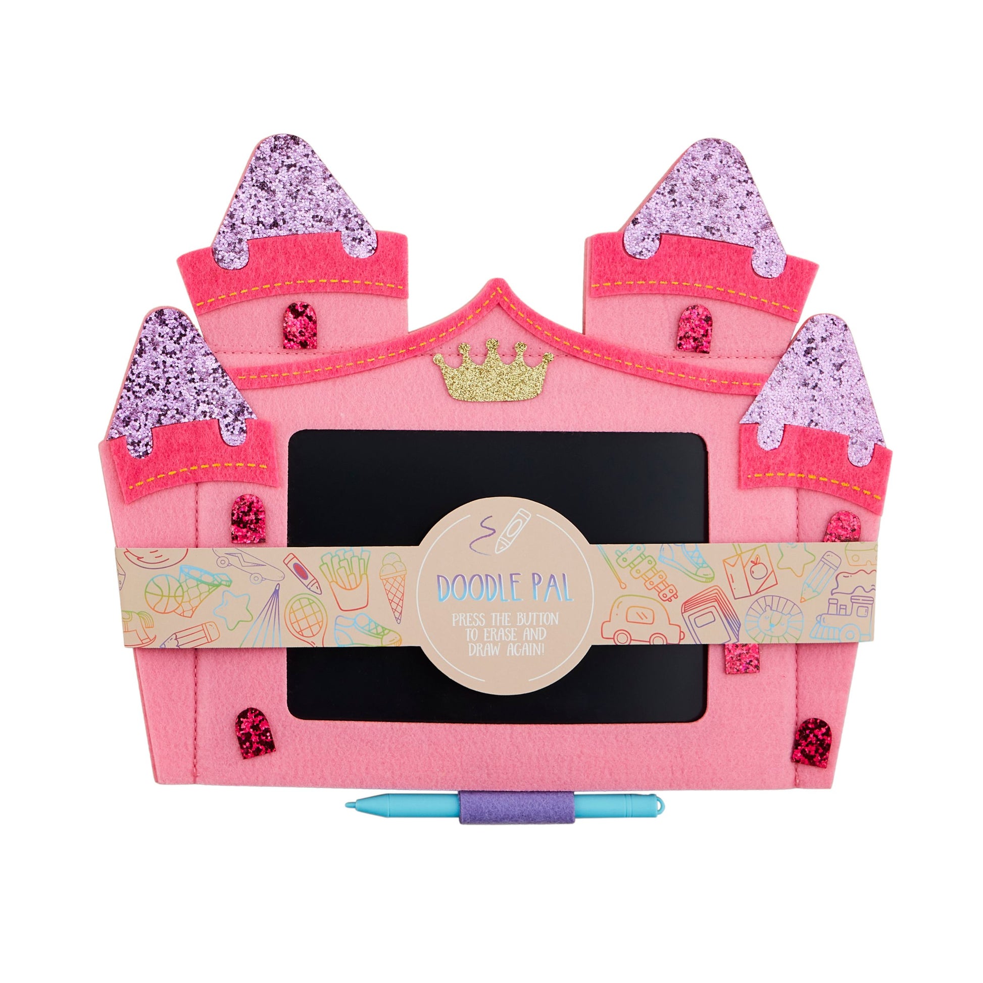 Pink castle-shaped writing pad with purple towers, gold crown, turquoise stylus, and "DOODLE PAL" band. Sizes: S, M, L.