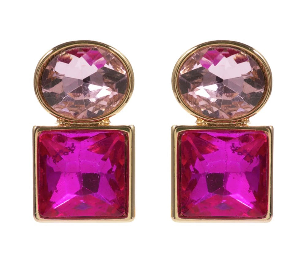 Stacked Gem Earrings featuring an oval light pink gem above a square bright magenta gem, both faceted. Available in small, medium, and large sizes.