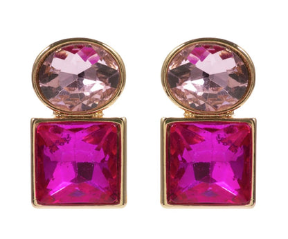 Stacked Gem Earrings featuring an oval light pink gem above a square bright magenta gem, both faceted. Available in small, medium, and large sizes.