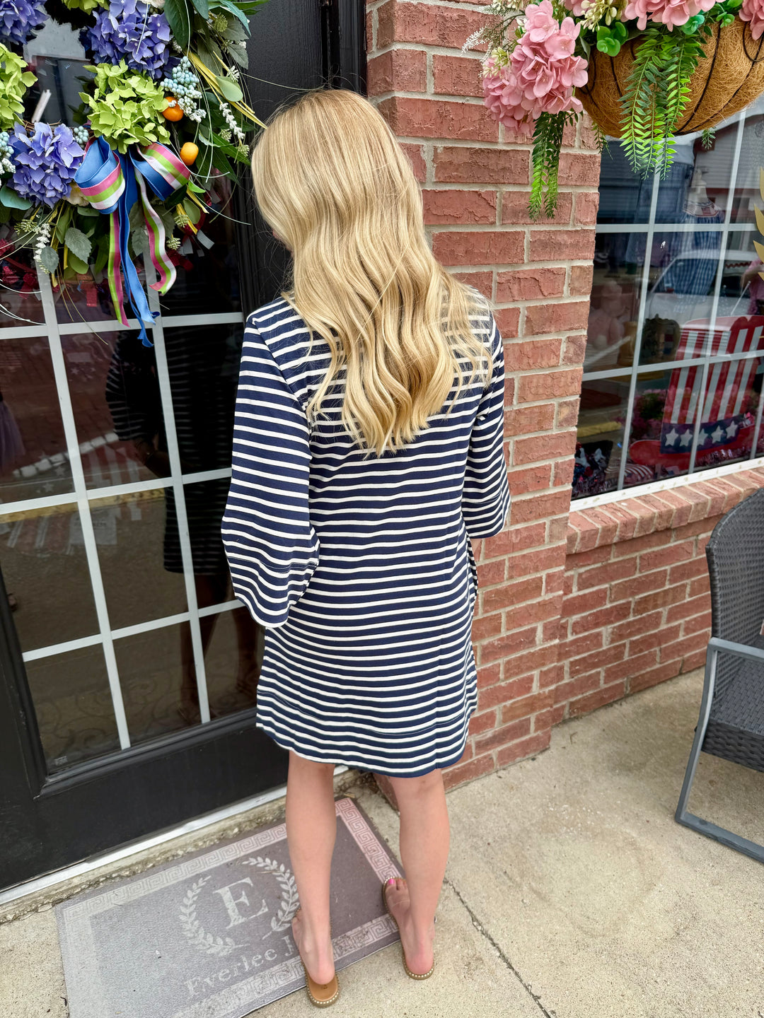 Striped Round Neck Half-Sleeve Dress in navy and white; available in sizes S-XL.