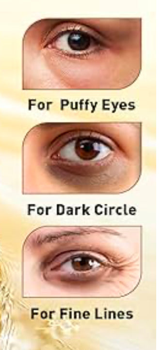 Crystal Collagen Gold Powder Eye Mask shown with benefits for puffy eyes, dark circles, fine lines; available in 10 or 20 pairs.