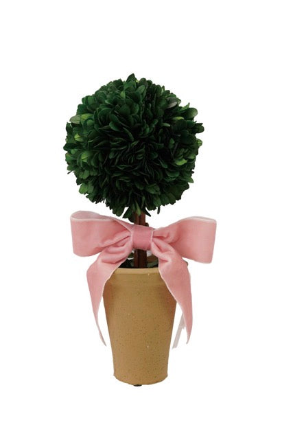 Dried sphere-shaped boxwood tree in a speckled terra-cotta pot with a velvet pink bow.