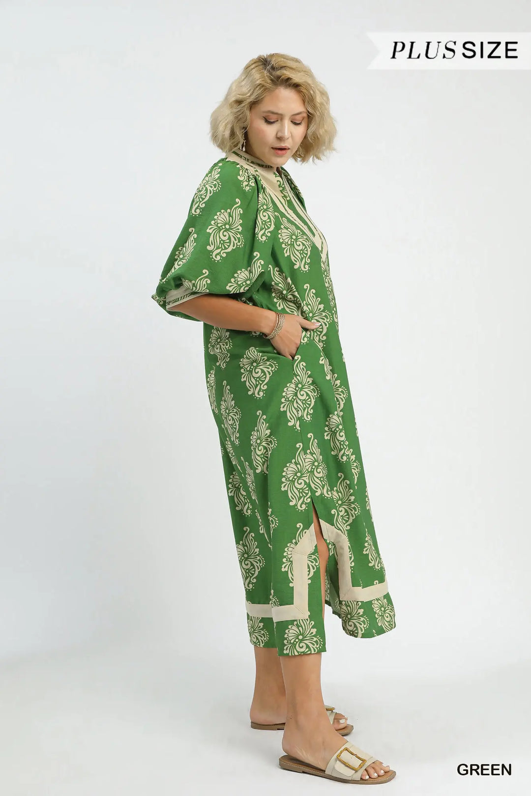 Green Abstract Print Midi Dress with knee-length, short sleeves, flowy silhouette, and breathable fabric. Available in plus sizes.