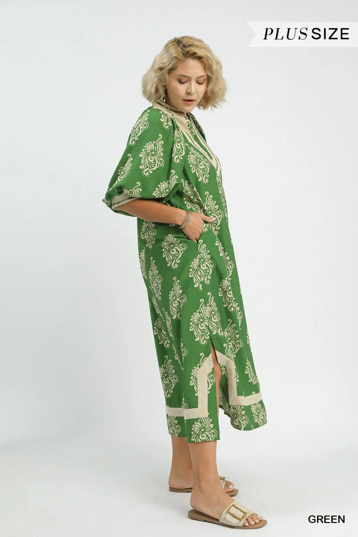 Green Abstract Print Midi Dress with knee-length, short sleeves, flowy silhouette, and breathable fabric. Available in plus sizes.