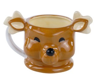 Brown ceramic reindeer mug with ears, closed eyes, black nose, and white handle.