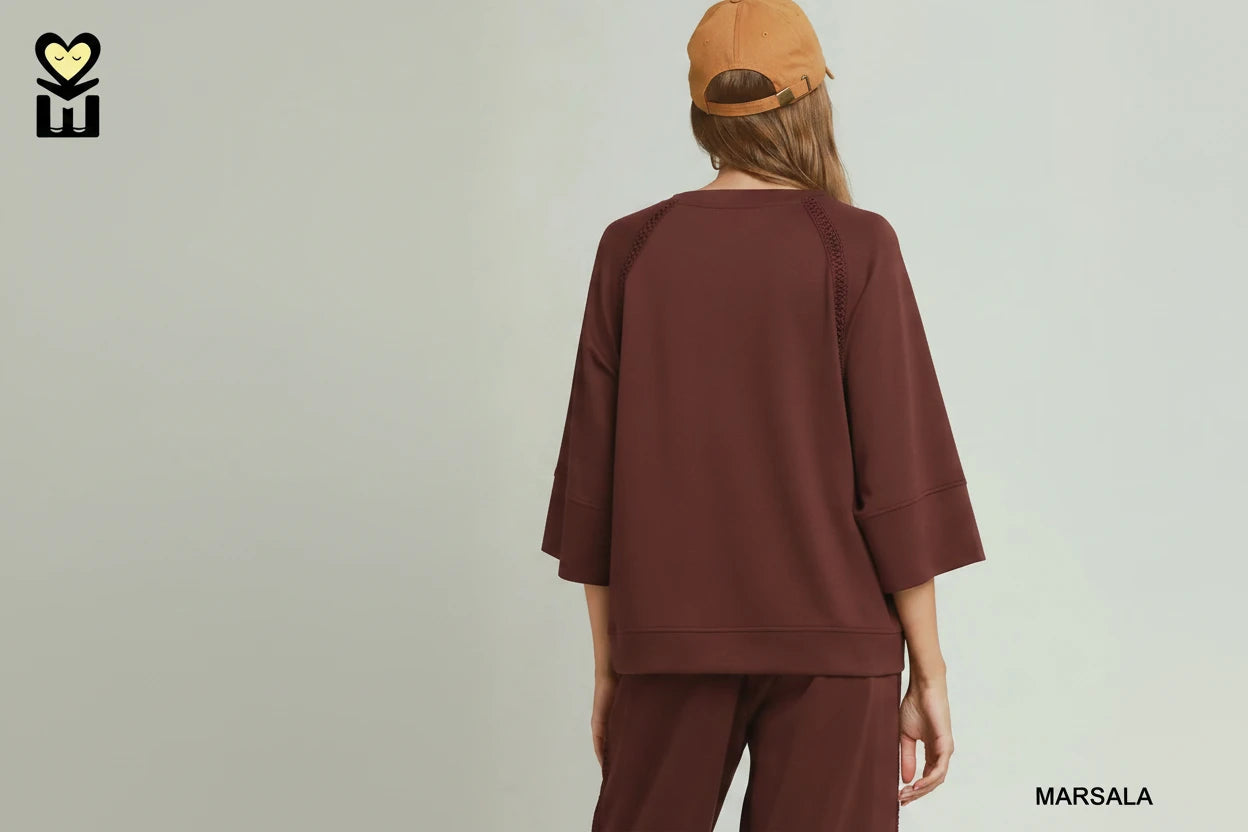 Marsala Butterfly Lace Raglan Sleeve Top featuring lace raglan sleeves. Available in sizes XS-XL.
