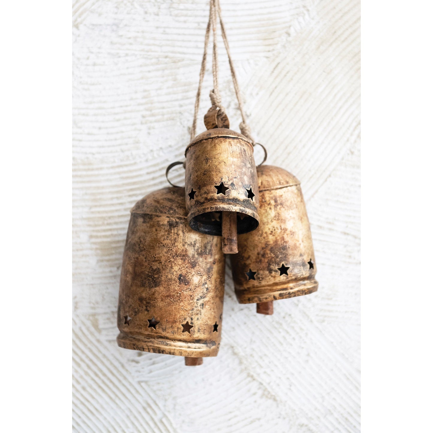 Distressed Antique Gold Finish Metal Bell on Jute Rope