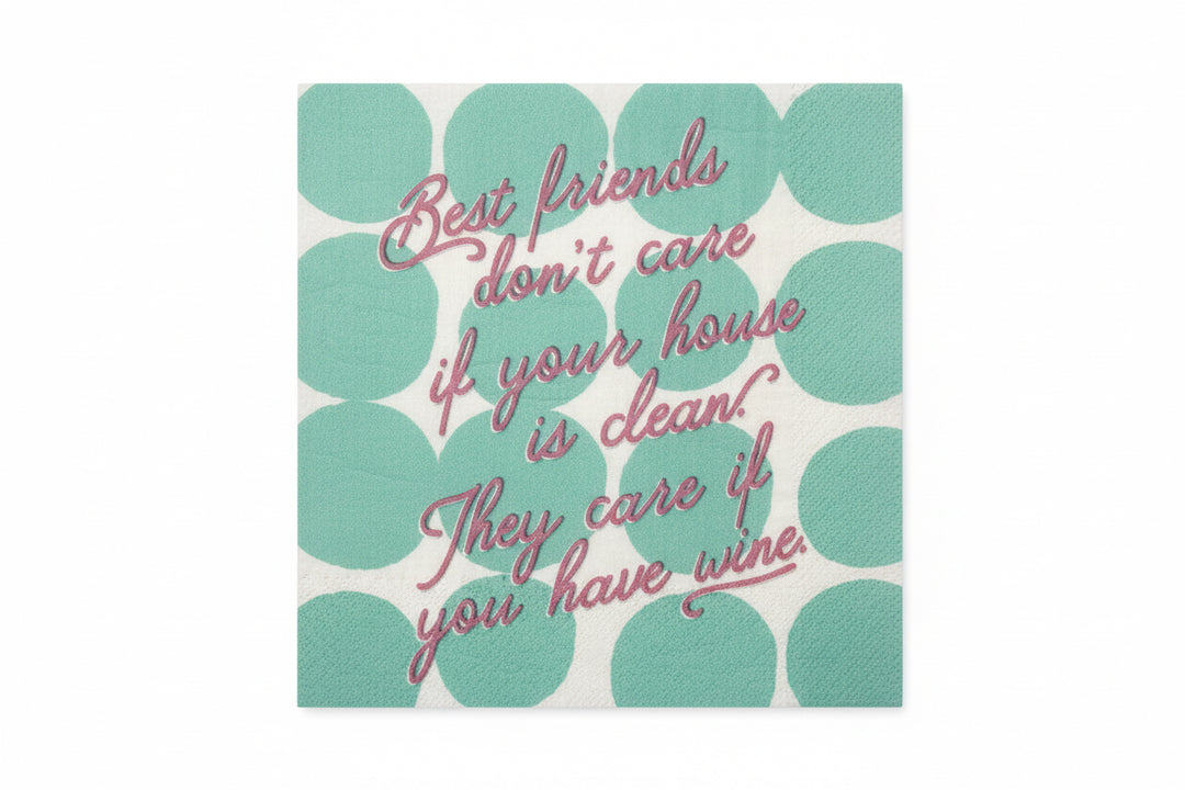 Dish It Out Kitchen Cloth with teal polka dots, pink wine quote script. Super absorbent. Size: 18x28 inches.