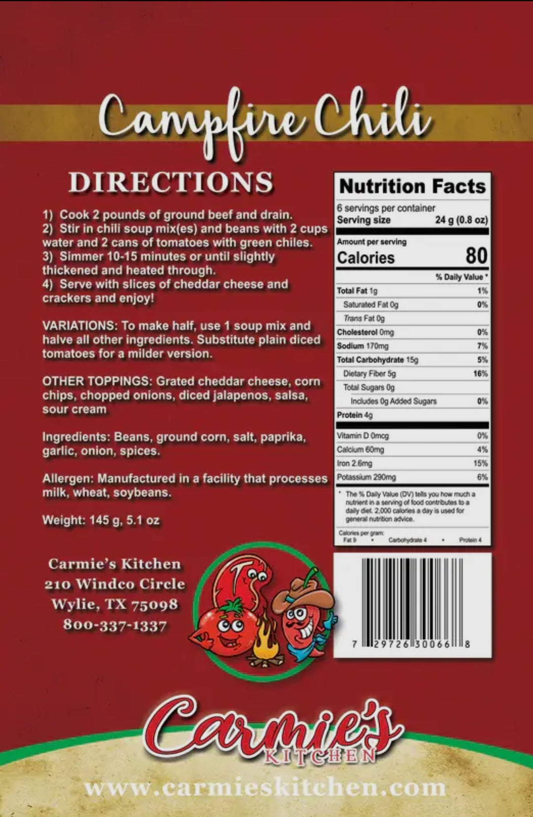 Back of Campfire Chili Soup Mix package with directions, nutrition info, ingredients, and contact details. No MSG. Sizes available.