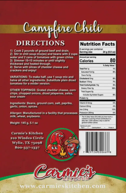 Back of Campfire Chili Soup Mix package with directions, nutrition info, ingredients, and contact details. No MSG. Sizes available.