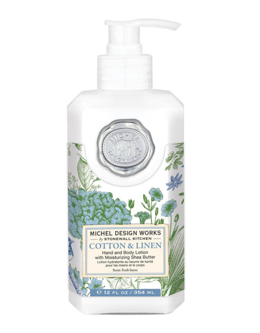 Cotton & Linen Hand & Body Lotion by Michel Design Works: 12 fl. oz. bottle, enriched with moisturizing shea butter. Botanical ingredients, blue and green floral packaging, pump dispenser, silver embossed seal.