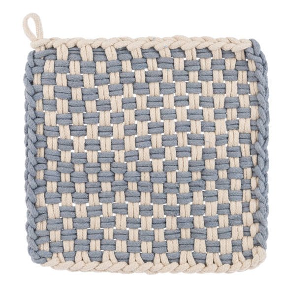 Handmade cotton crochet check pot holders with light gray and cream checkerboard pattern, hanging loop in top left corner. Available sizes: 7x7 inches, 8x8 inches.