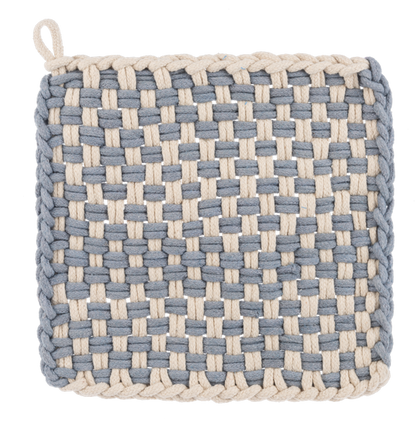 Handmade cotton crochet check pot holders with light gray and cream checkerboard pattern, hanging loop in top left corner. Available sizes: 7x7 inches, 8x8 inches.