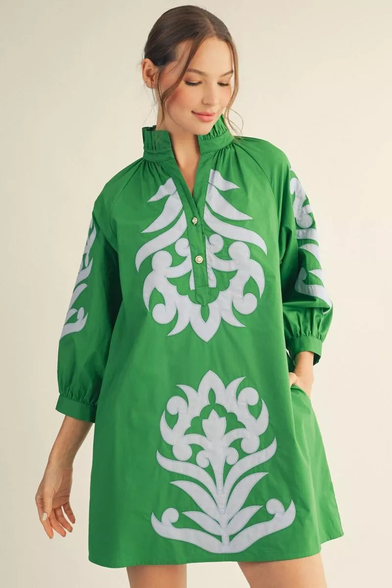 Kelly Green and Light Blue Baroque Appliqué Shift Dress with bold patterns. Available in sizes XS-XL.