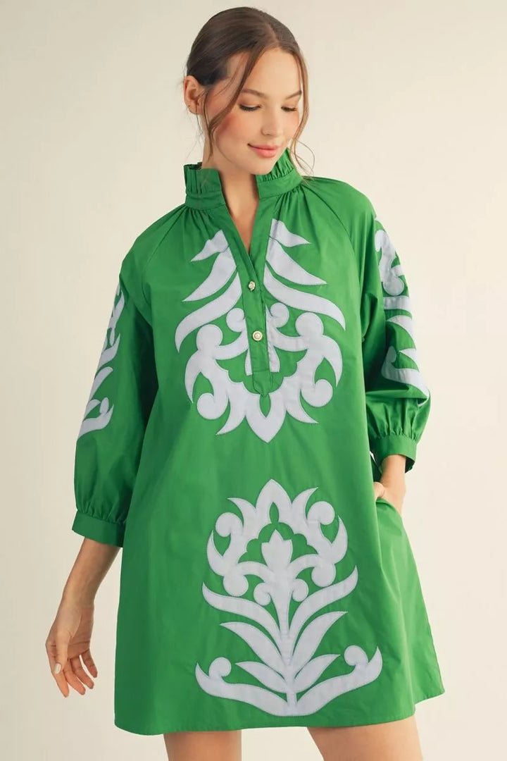 Kelly Green and Light Blue Baroque Appliqué Shift Dress with bold patterns. Available in sizes XS-XL.