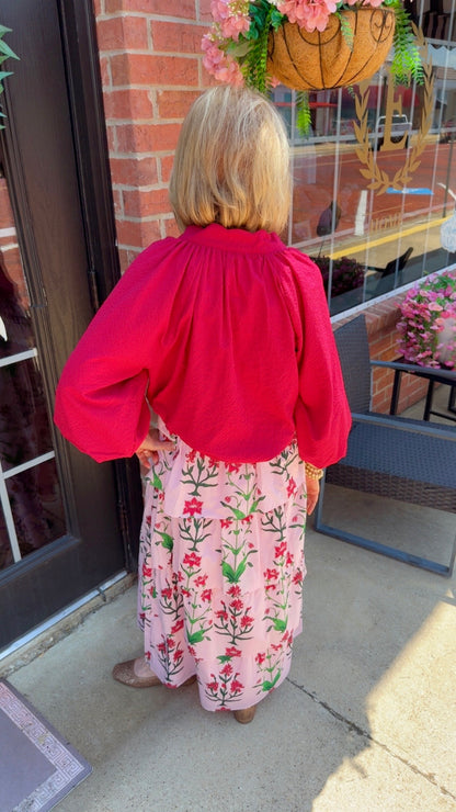 Rose d’Iris Ruffle Cascade Maxi Skirt, pink floral, available in sizes XS–XL.