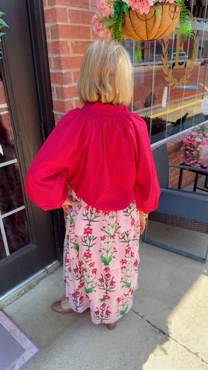 Rose d’Iris Ruffle Cascade Maxi Skirt, pink floral, available in sizes XS–XL.