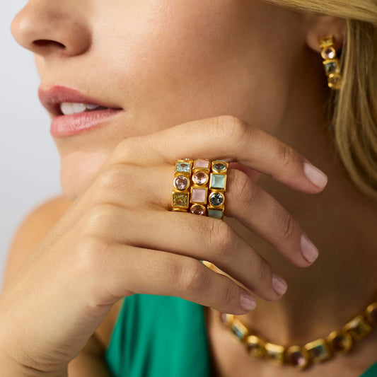 Jolie Ring by Julie Vos: 24K gold, colorful square and round gemstones. Available in sizes 6-8.