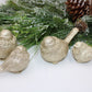 Set of four gold resin birds; available in small (3”), medium (4”), and large (5”) sizes.