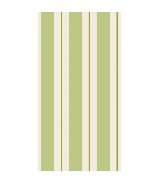 Pack of 16 rectangular guest napkins, vertical light green, olive, beige stripes on white. Size: guest napkin.