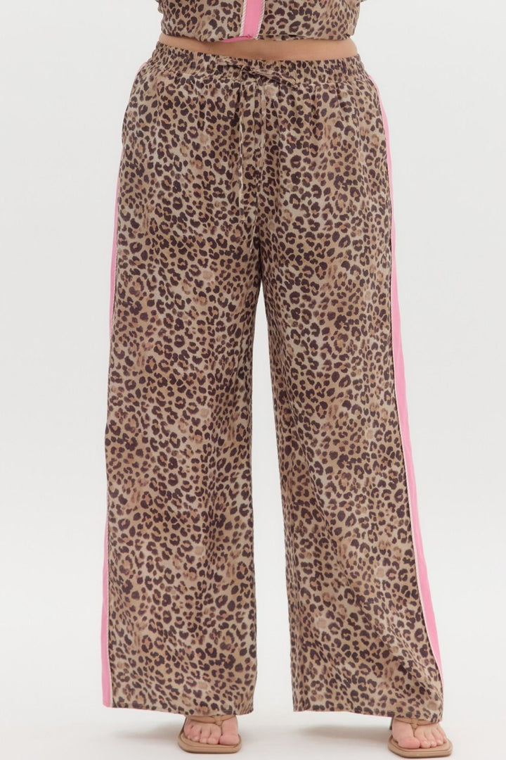 Leopard Print Pants with Pink Stripe, loose, high-waisted, wide-leg, adjustable waist. Sizes: XS-XL.