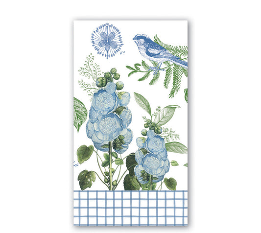 Cotton & Linen Napkin with backyard birds design, blue flowers, and green leaves. Features a bluebird on a branch and blue & white checkered pattern at the bottom. Sizes available: 16"x16", 18"x18".