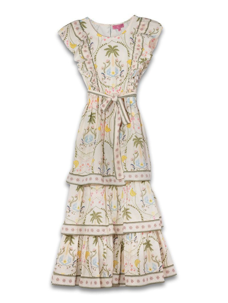 Cream cotton short-sleeve maxi dress with belt and tropical print. Available in sizes XS-XL.