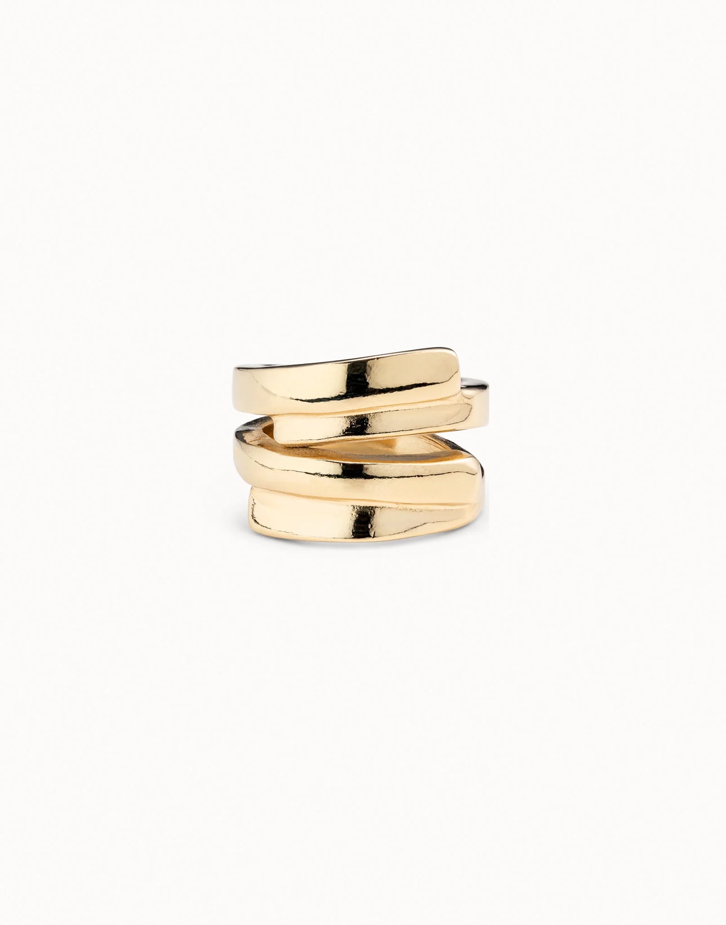 18K gold-plated Multiband Ring with a contemporary overlapping wraparound design, handcrafted in Spain; available in sizes 6, 7, and 8.
