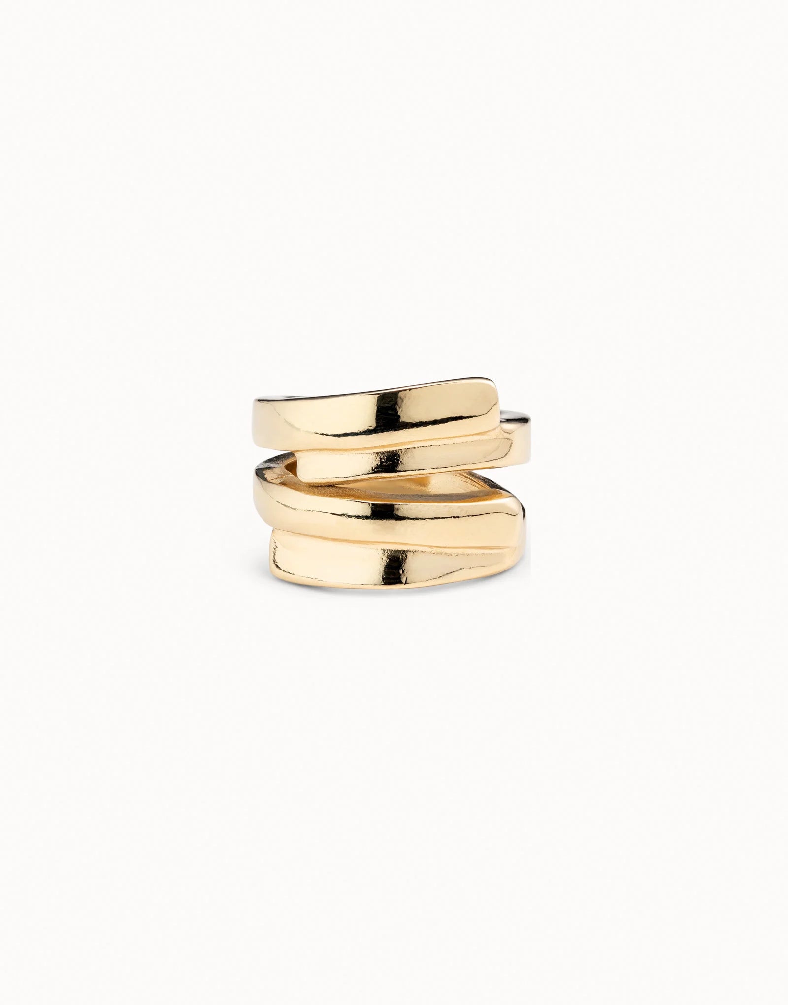 18K gold-plated Multiband Ring with a contemporary overlapping wraparound design, handcrafted in Spain; available in sizes 6, 7, and 8.
