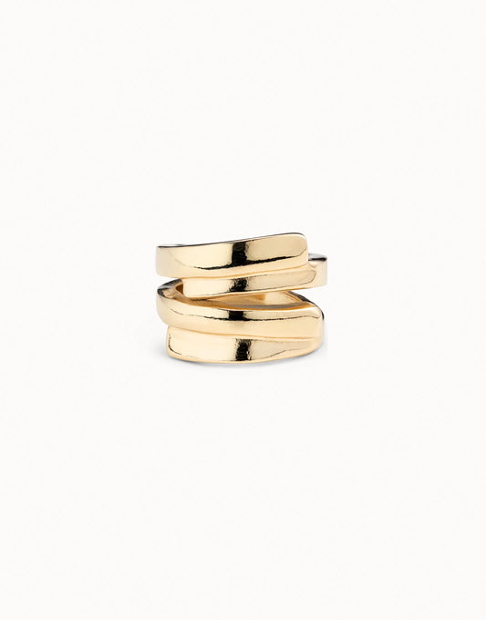 18K gold-plated Multiband Ring with a contemporary overlapping wraparound design, handcrafted in Spain; available in sizes 6, 7, and 8.