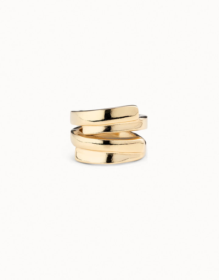 18K gold-plated Multiband Ring with a contemporary overlapping wraparound design, handcrafted in Spain; available in sizes 6, 7, and 8.