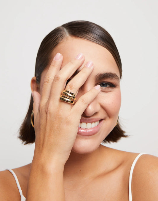 Multiband Ring: 18K gold-plated, handmade, inspired by Spanish elegance. Available in sizes 5-9.