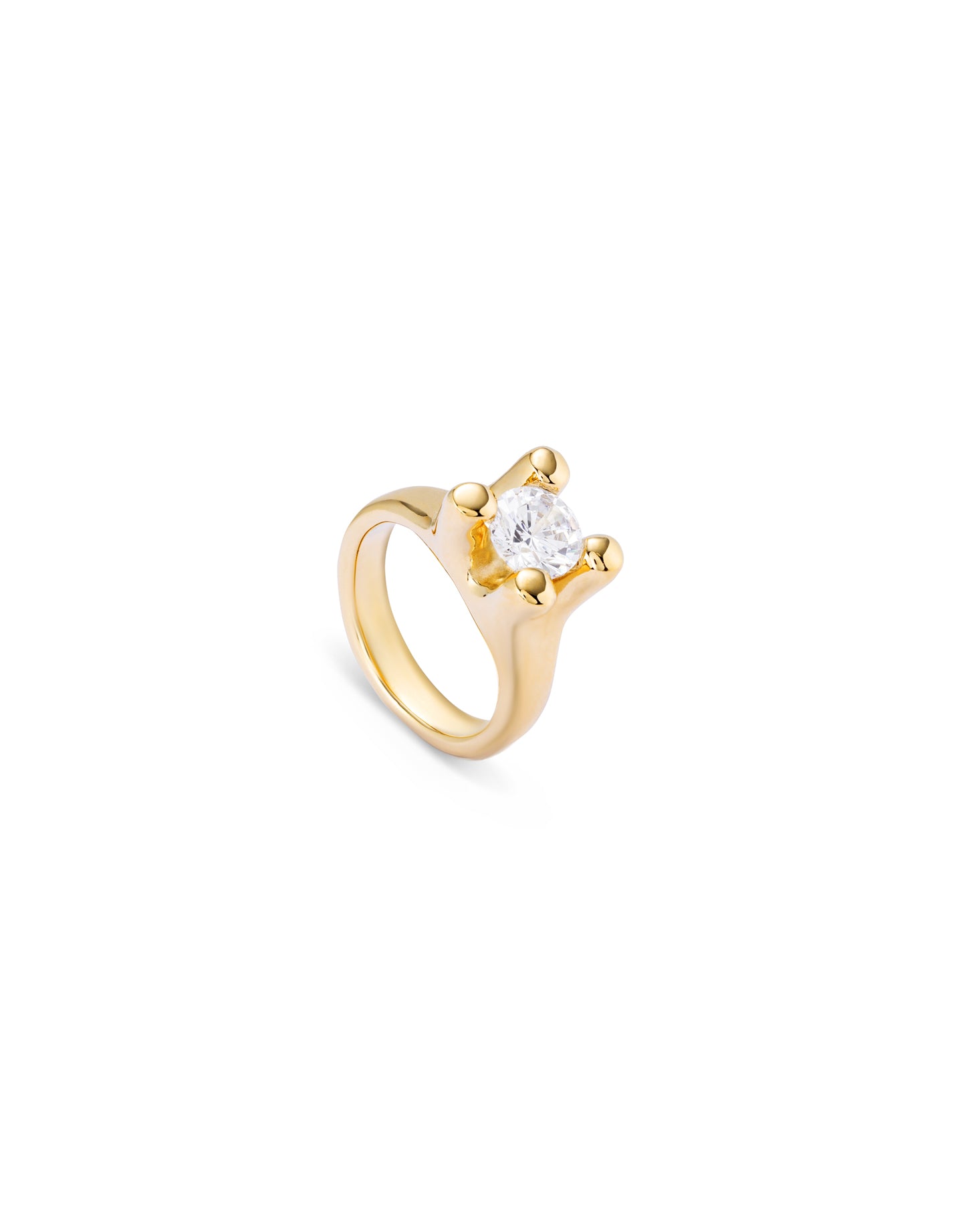 Gold ring with a round white cubic zirconia in a modern prong setting, available in sizes 5-9.