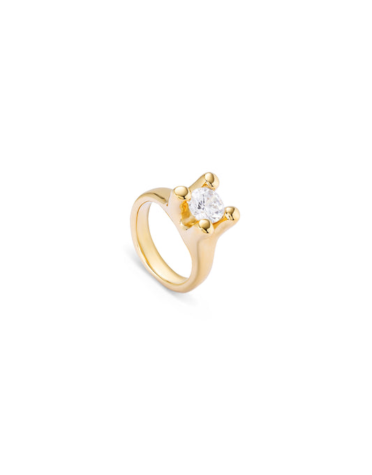 Gold ring with a round white cubic zirconia in a modern prong setting, available in sizes 5-9.