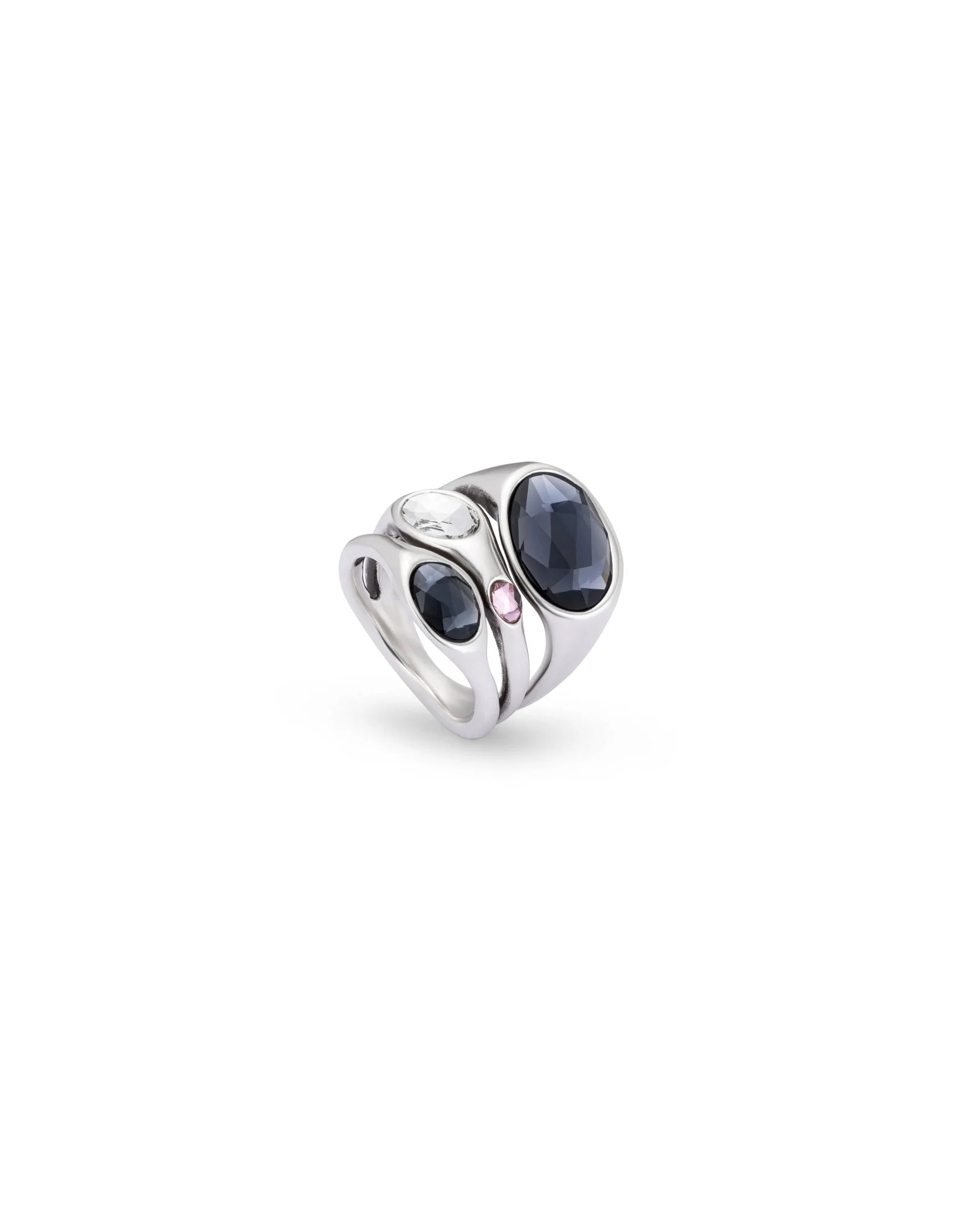 Sterling silver multiband ring with a large dark blue oval gemstone, a small round crystal, and a tiny pink stone in a modern design. Available in sizes 5-9.