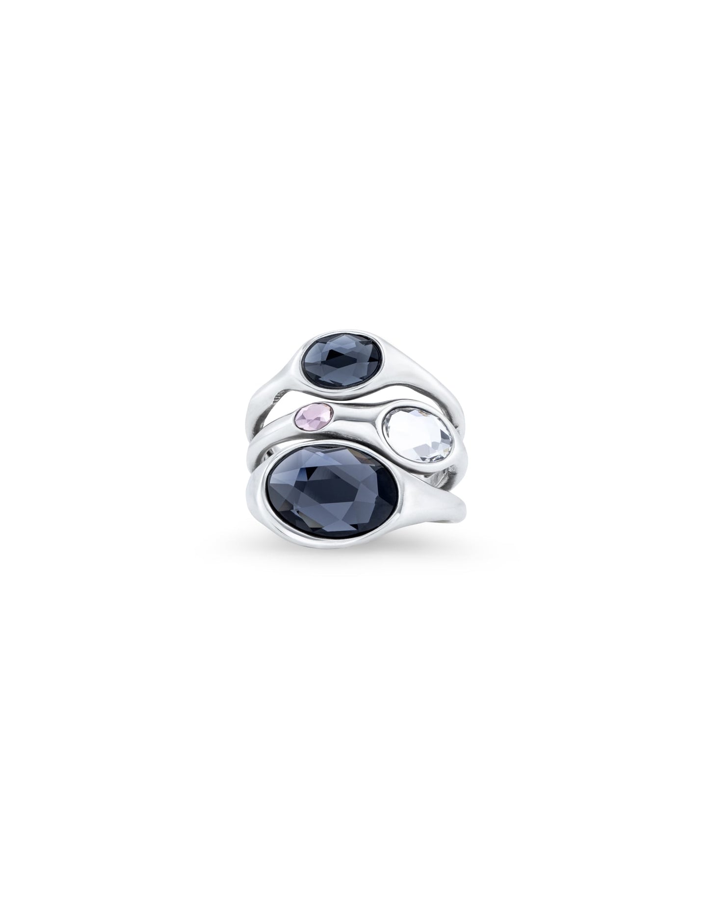 Sterling silver multiband ring with three dark blue faceted crystals, a clear gemstone, and a small pink gemstone in an artistic design. Available in sizes 5-9.
