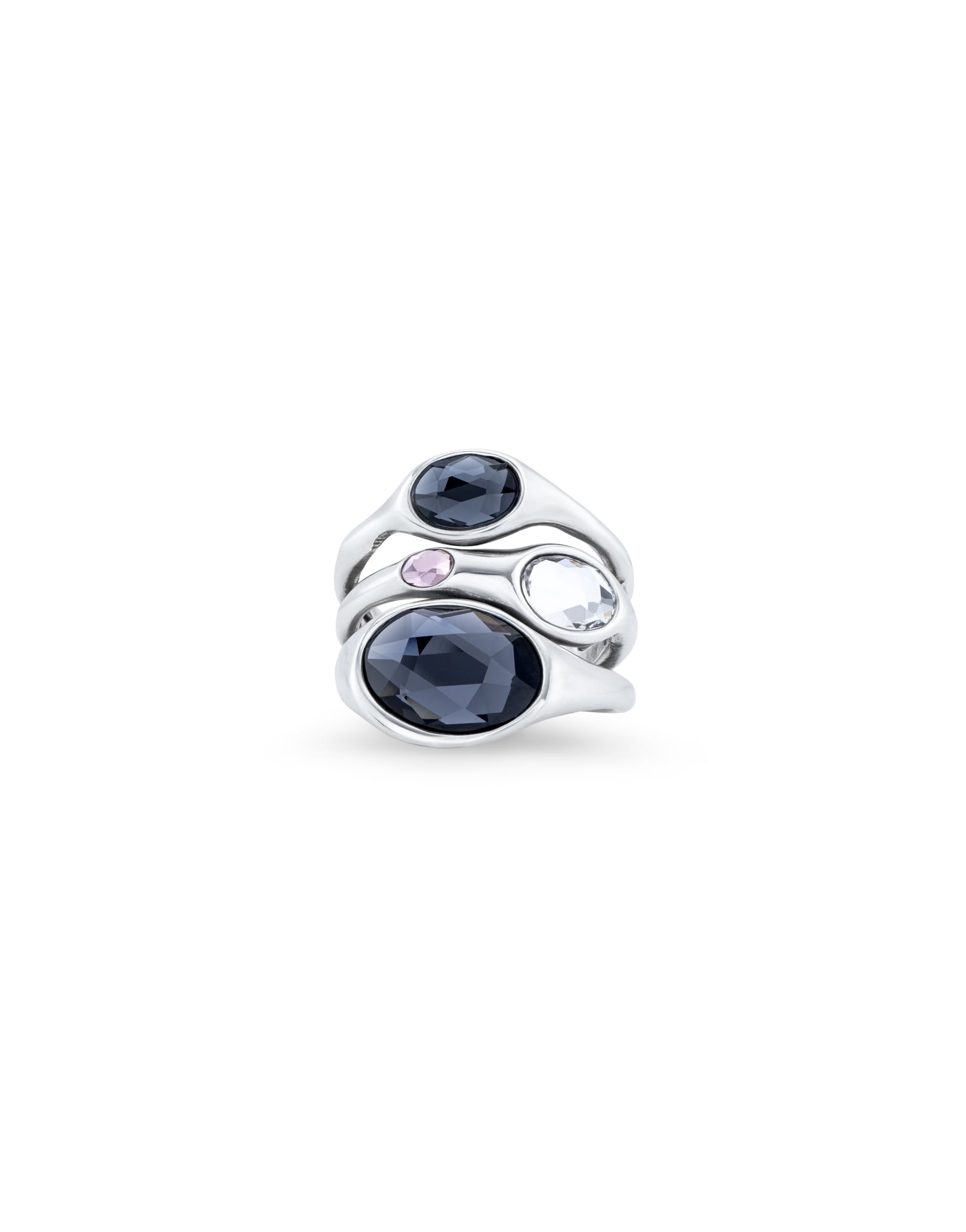 Sterling silver multiband ring with three dark blue faceted crystals, a clear gemstone, and a small pink gemstone in an artistic design. Available in sizes 5-9.