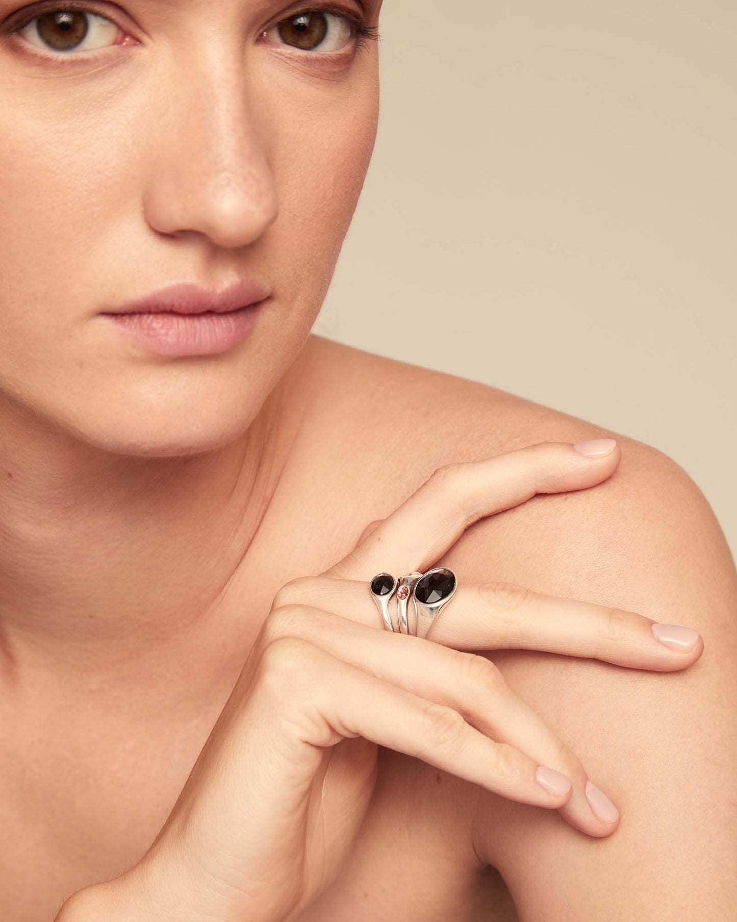 Multiband Ring with different sized crystals in handcrafted sterling silver and black stones, available in sizes 5-9.