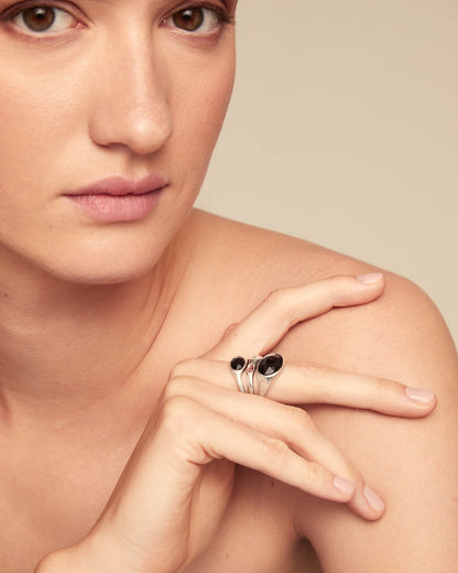 Multiband Ring with different sized crystals in handcrafted sterling silver and black stones, available in sizes 5-9.