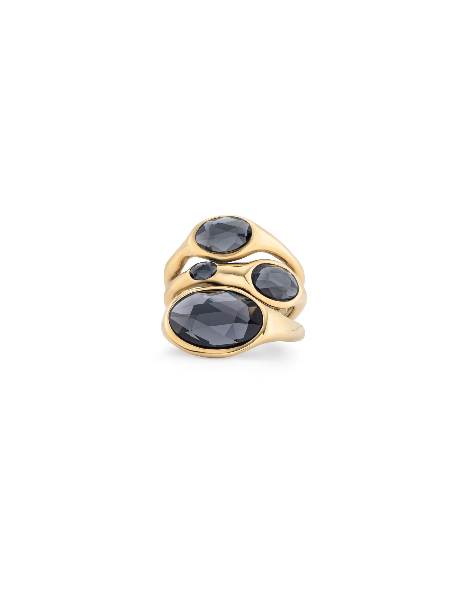 Handcrafted 18k gold-plated multiband ring from Spain with three faceted gray crystals of varying sizes in an organic design. Available in multiple sizes.
