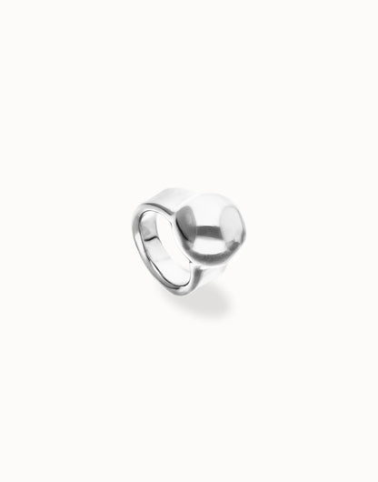Chunky sterling silver ring with a smooth, asymmetrical sphere-shaped top; available in sizes 6, 7, and 8.