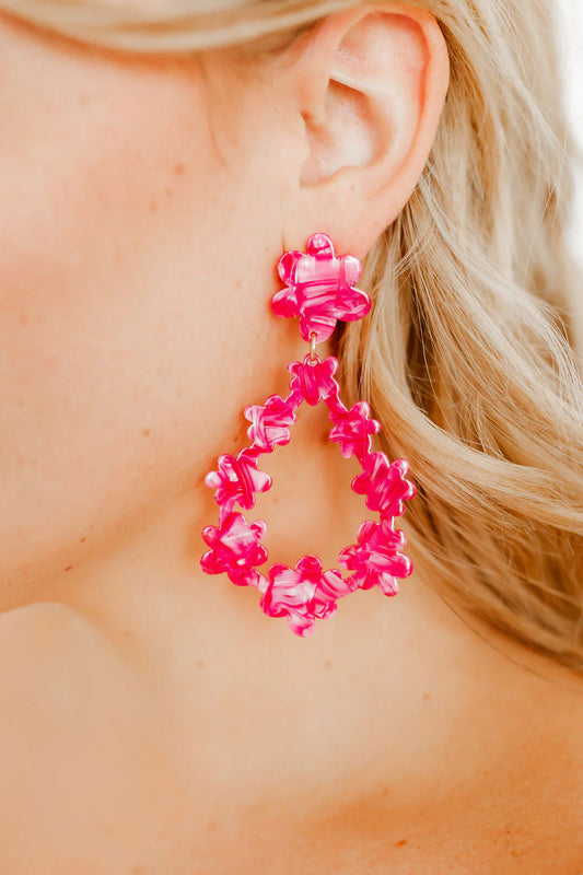 Oversized pink Bianca Earring designed for sensitive ears, made from surgical-grade stainless steel with glossy floral teardrop pattern. Sizes: One size.