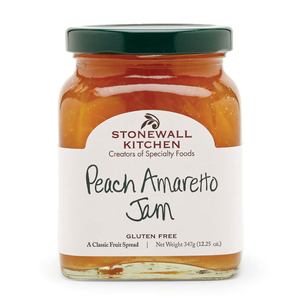 12.25oz glass jar of gluten-free Peach Amaretto Jam with sliced peaches, white label, orange lid.