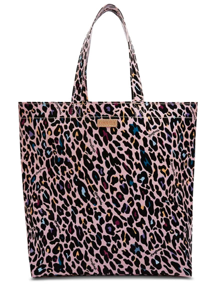 Large utility tote with pink, black, brown, and blue leopard print; two handles; ConsuelaCloth. Sizes: Small, Medium, Large.
