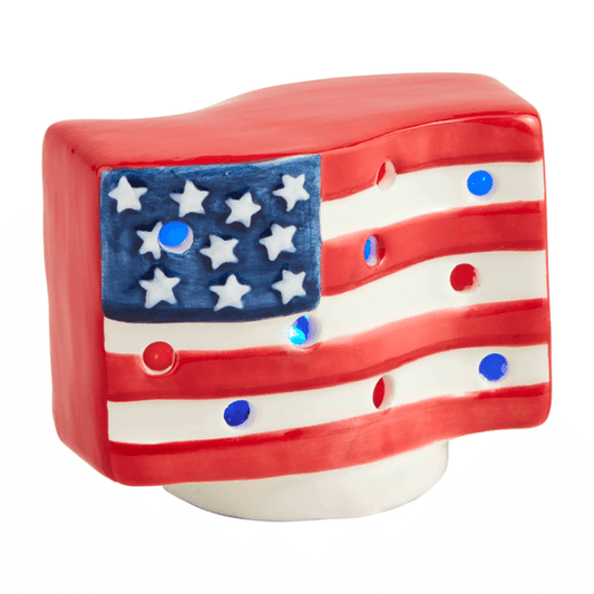 Ceramic American Flag Light-Up Sitter, red, white, and blue with LED holes; available in 6", 8", and 10" sizes.