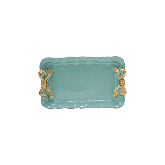 Rectangular aqua tray with scalloped edges, two gold bow handles; available in multiple sizes.