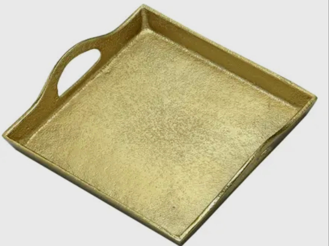 Gilded Square Gold Tray with elegant handles, stylish gold finish; available in small, medium, and large sizes.