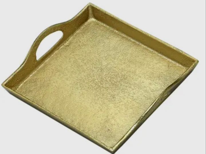 Gilded Square Gold Tray with elegant handles, stylish gold finish; available in small, medium, and large sizes.